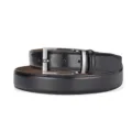 Close-up of a classic black leather belt with a brushed metal needle buckle - 110cm / Gunmetal Square Buckle (95 Pattern) / Black