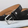 Minimalist black leather belt for women with a polished silver-tone square buckle - 95cm Length / Silver
