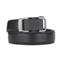 Close-up of premium black leather belt with a sleek gunmetal grey automatic buckle - 14纹自动扣 / 110cm / Gunmetal Black