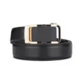 Detailed view of men's premium black cowhide belt featuring a gold automatic buckle - Gold Black