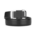 Close-up detail of high-quality men's black leather belt with silver automatic buckle - 14纹自动扣 / 110cm / Silver Black