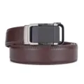 Close-up detail of men's brown leather belt with gunmetal automatic buckle for business - 14纹自动扣 / 110cm / Gunmetal Brown