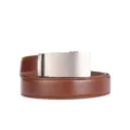 Close-up view of a premium men's brown leather belt with brushed silver automatic buckle - 110cm / Brown