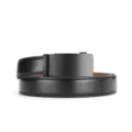 Detail of a matte black automatic buckle on a black stitched leather men's belt. - 110cm / Black