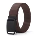 Close-up of brown nylon belt with black automatic buckle for men's tactical use. - Brown