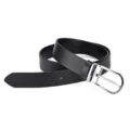 Detail view of black leather belt with minimalist silver pin buckle and smooth finish. - 105 / Black (Silver Buckle)