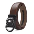 Detailed view of premium brown leather belt featuring a black automatic double-ring buckle - 120cm / Silver Double Ring Decorative Buckle Business Style (B188) / Dark Brown