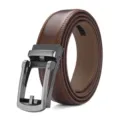 Classic men's brown cowhide leather belt featuring a gunmetal grey automatic buckle - 120cm / Gunmetal Grey Brushed Buckle Style (B184) / Dark Brown
