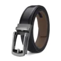 Detail of men's black leather belt with gunmetal automatic sliding buckle. - 120cm / Gunmetal Grey Brushed Buckle Style (B183) / Black