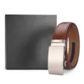 Brown men's leather belt with automatic buckle and black gift box packaging - 110cm / Flat Gunmetal Buckle (95 Pattern) / Gift Box / Brown