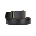 Close-up detail of a premium black cowhide leather belt featuring a gold-rimmed automatic buckle - 120cm / Black with Gold Trim Style (A181款) / Black