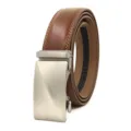 Detailed view of a brown leather belt with a brushed silver automatic buckle for men. - 120cm / Silver Brushed Metal Automatic Buckle (B189款) / Brown