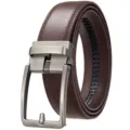 Detailed macro shot of a brown men's leather belt featuring a brushed metal automatic buckle. - Matte Brushed Gunmetal (Brown Belt Pattern 20) / 110-130CM