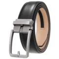 Close-up of men's black split leather belt with a brushed metal automatic buckle - 120cm / Matte Gunmetal Buckle + Black