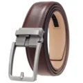 Close-up of men's brown leather belt featuring an automatic buckle and textured grain - 120cm / Matte Gunmetal Buckle + Brown