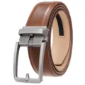 Detailed macro view of a men's brown leather belt featuring a matte grey automatic buckle. - Matte Brushed Gunmetal Buckle (Pattern 60 Yellow Brown Belt) / 110-130CM