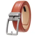 Detailed view of men's brown split leather belt with matte silver automatic buckle. - Matte Brushed Gunmetal Buckle (Pattern 60 Red Brown Belt) / 110-130CM