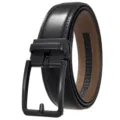 Side detail view of a men's black leather belt with a matte black automatic buckle. - Matte Black (Pattern 95 Black Belt) / 110-130CM