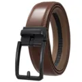 High-quality detail of a men's brown leather belt featuring a black automatic buckle - Matte Black (Pattern 95 Yellow Brown Belt) / 110-130CM