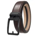 Detailed view of a brown split cowhide leather belt with a black automatic buckle - Matte Black (Pattern 60 Brown Belt) / 110-130CM
