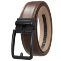 Close-up detail of a brown split cowhide leather belt featuring a matte black automatic buckle - Matte Black (Pattern 60 Yellow Brown Belt) / 110-130CM