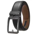 Close-up of black Saffiano leather belt with a gunmetal automatic buckle - Matte Gunmetal (Saffiano Black Belt) / 110-130CM