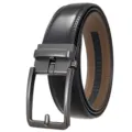 Detail view of a men's black leather ratchet belt with a premium gunmetal buckle. - Matte Gunmetal (Pattern 95 Black Belt) / 110-130CM