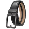 Close-up of men's black leather belt featuring a matte gray metal automatic buckle - Matte Gunmetal (Pattern 60 Black Belt) / 110-130CM