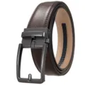 Close-up of men's leather belt with gun-metal automatic buckle and textured finish - Matte Gunmetal (Pattern 60 Brown Belt) / 110-130CM