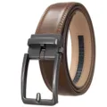 Close-up of brown men's leather belt featuring a dark metallic automatic buckle - Matte Gunmetal (Pattern 60 Yellow Brown Belt) / 110-130CM