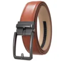 Close-up of a men's brown split leather belt with a matte gunmetal automatic ratchet buckle. - Matte Gunmetal (Pattern 60 Red Brown Belt) / 110-130CM
