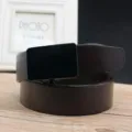 Detail showing the smooth black automatic buckle on a brown genuine leather belt - Brown (Style 06)
