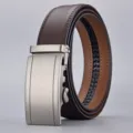Men's split leather belt with sleek automatic buckle for business or casual wear - Saffiano Pattern Style (LY款式1) / 110cm / Dark Brown