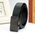 Detailed close-up of a premium black men's leather belt with matte automatic buckle. - Black (Style 06)