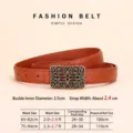 Vintage brown leather belt for women featuring decorative buckle and detailed size chart info - 100cm / Orange