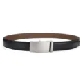 Close-up detail of men's genuine leather belt with crack texture and silver automatic buckle. - Matte Black / 110cm