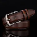 Classic vintage brown genuine leather belt for men featuring a textured finish and metal buckle - 110cm / Brown (60 Texture)