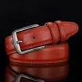 Vintage brown genuine leather men's belt with classic metal pin buckle design - 110cm / Red-Brown (60 Texture)