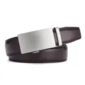 Men's dark brown leather belt with brushed silver automatic buckle for business - 120cm / Matte Coffee (95 Pattern)