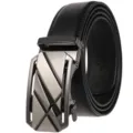 Macro shot of a premium black leather belt for men featuring an automatic metal buckle. - Silver Brushed Buckle Black Strap (Style 1) / 110cm