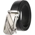 Detailed close-up of a premium black genuine leather men's belt with silver automatic buckle - Gunmetal Brushed Buckle Black Strap (Style 2) / 110cm
