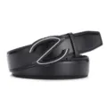 Macro view of a premium black cowhide leather belt featuring a sleek Z-shaped automatic buckle - 120cm / Black + Silver Clasp