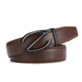 Close-up of premium brown leather belt for men featuring a stylish black Z-shaped automatic buckle - 110cm / Brown with Gold Clasp