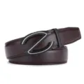 Close-up of men's brown leather belt with black Z-shaped automatic buckle - Coffee + Silver Buckle