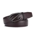 Close-up of men's brown leather belt with black Z-shaped automatic buckle. - 110cm / Coffee + Gold Buckle
