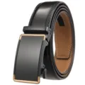 Detail shot of a premium black leather belt with a sleek gold-edged automatic buckle. - 105cm / Black (Gold Buckle)