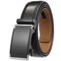 Detail view of men's black leather belt with a matte automatic buckle and silver frame. - 105cm / Black (Silver Buckle)