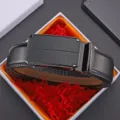 Business men's black leather belt with matte black automatic buckle in gift box - 110cm / Style 2 (Textured)
