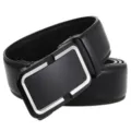 Close-up detail of the matte black automatic buckle and textured genuine leather belt - 110cm / Style 1