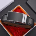 High-quality black leather belt for men with automatic buckle in elegant gift box - Black (Style 2) / 110cm